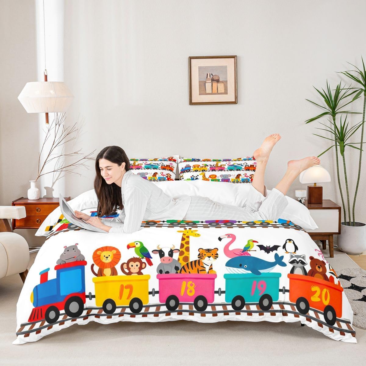 Erosebridal Zoo Animals Bed Set for Kids Toddler Cartoon Train Duvet Cover, Cute Steam Engine Bedding Set Queen Giraffe Lion Elephant Comforter Cover, Number One to Twenty Bed Cover (Zipper Closure)