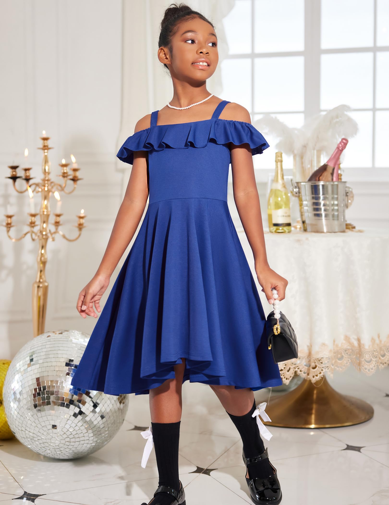 Arshiner Robe d'été pour Filles épaules Dénudées Manches à Volants Robe élégante à Bretelles Robe trapèze Robe Haute et Basse Robes Décontractées avec Poche 4-13 Ans