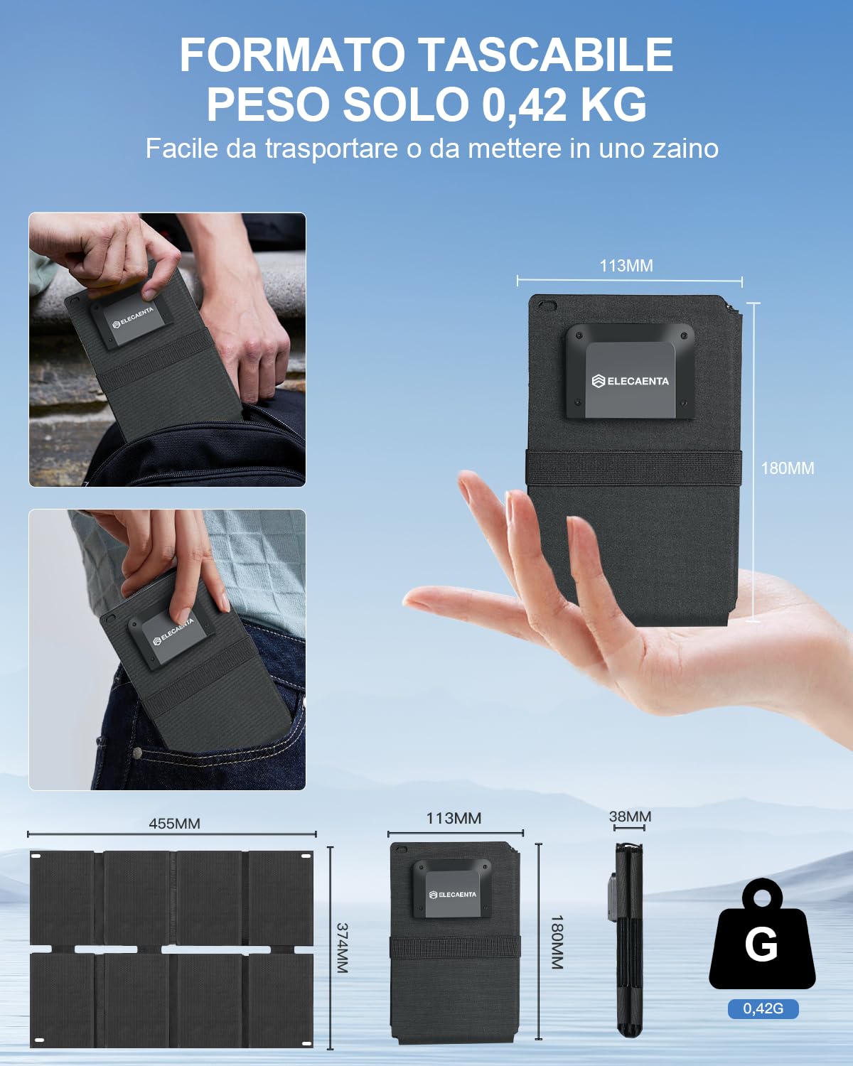 ELECAENTA 25W Mini Caricabatterie Solare Portatile con HPBC 25.4%, Pannello Solare con 2 Porte USB-A e USB-C, IP68 Impermeabile per Cellulare/Tablet/Power Bank per Campeggio Escursioni Emergenza