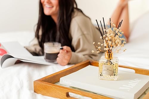 Miniatura 3 de Juego de difusor de varillas Aceite de coco y vainilla, varillas difusoras de aceite, difusor de baño, decoración de baño, 6.8 fl oz con flores