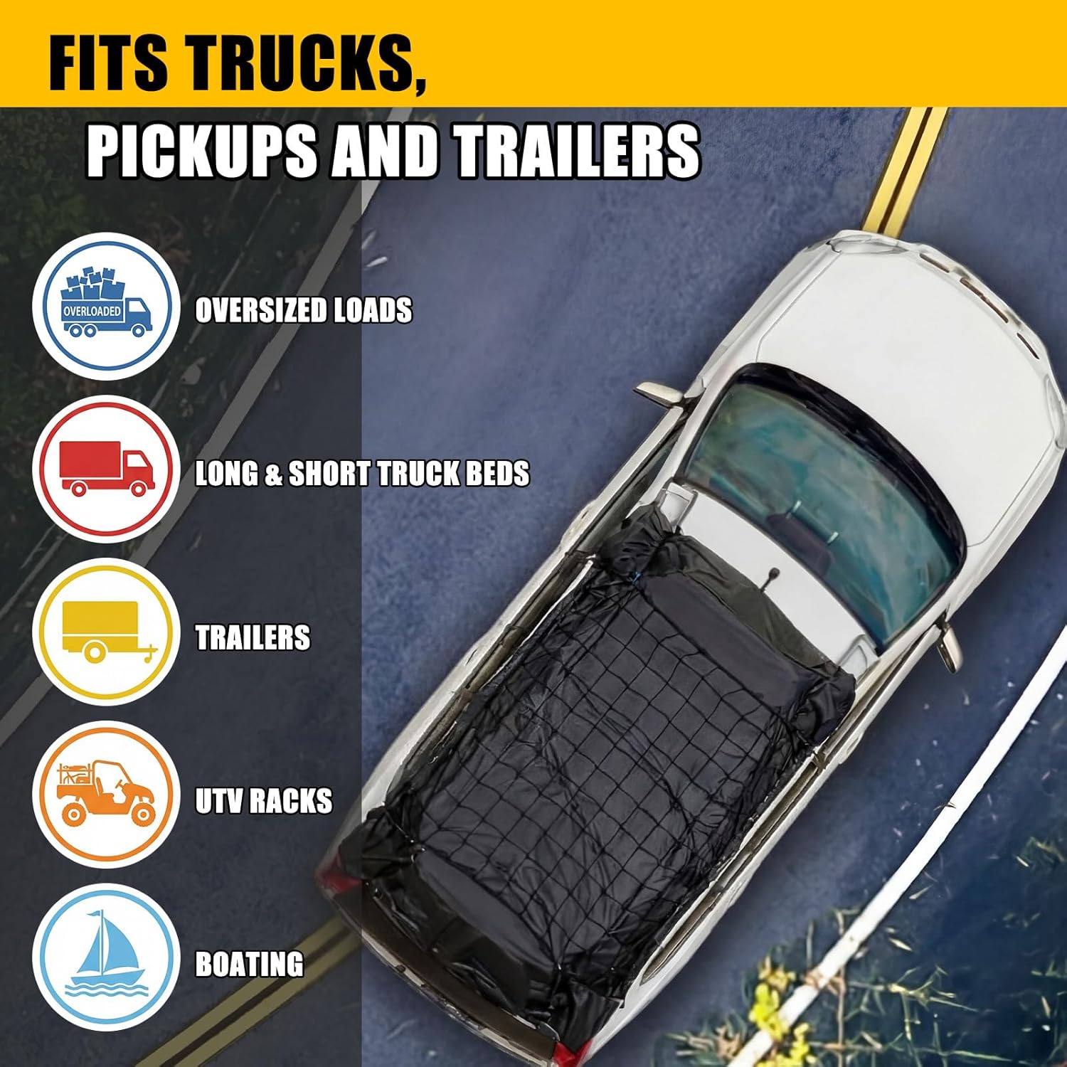 Tranqun Cargo Net for Pickup Truck Bed, XXL Waterproof Truck Bed Tarp Cover & Net Kit, 4' x 6' Stretches to 8' x 12', Complete Cargo Securing Set with D-Rings, Hooks & Rope