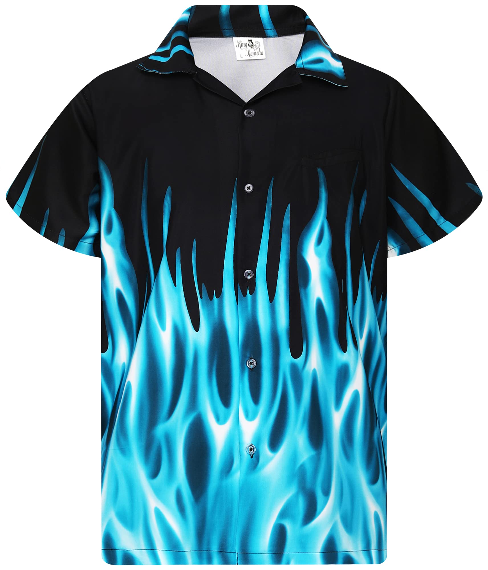 King Kameha Funky Hawaiian Shirt, Men, Shortsleeve, Flames, Turquoise, 5XL
