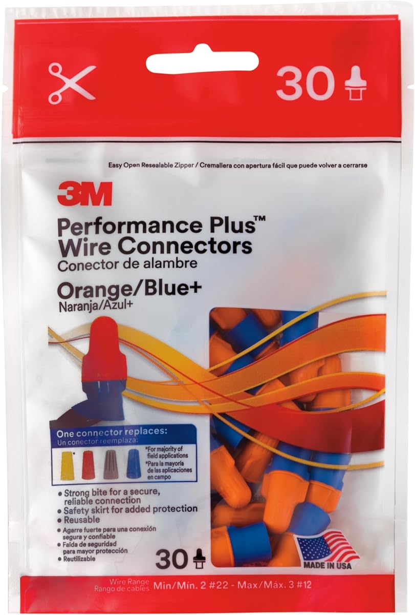 3M Performance Plus Wire Connector, O/B+, Wire Range:2#22-3#12, Bag of 30 | Orange/Blue Connectors, ELEC-O/B+-30