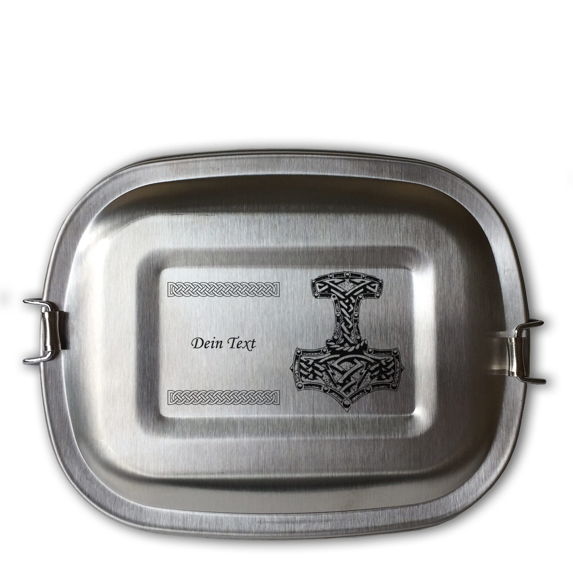 Edelstahl Brotdose Lunchbox mit Gravur Thors Hammer Mjölnir personalisiert mit Wunschgravur Name Wunschtext 3 Größen zur Auswahl Wikinger (Lunchbox Thors Hammer Set (kleine und große Dose))