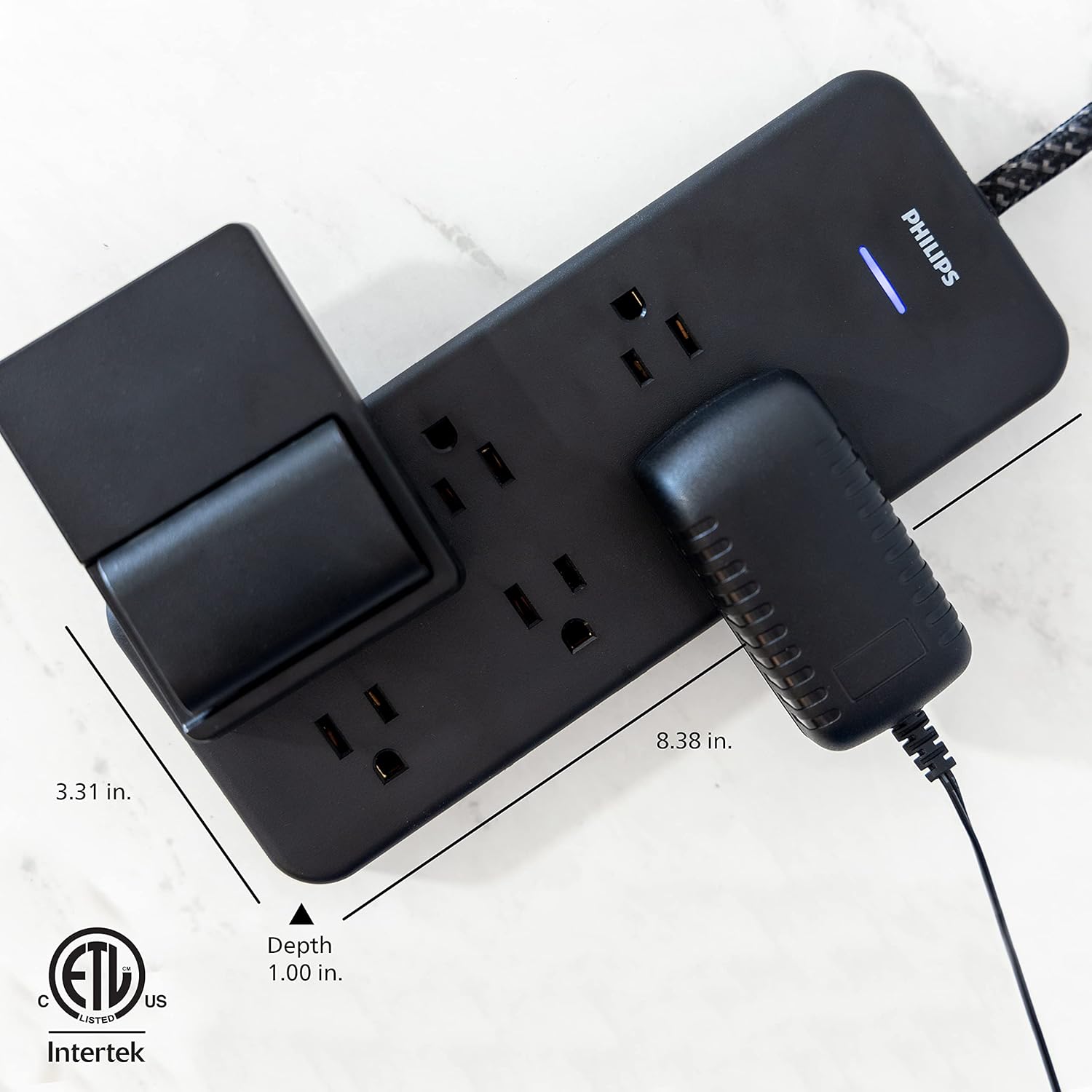 Philips 6-Outlet Surge Protector, 8 Ft, Braided Cord, 1080 Joules, Adapter-Spaced, Black, SPC6066BB/37