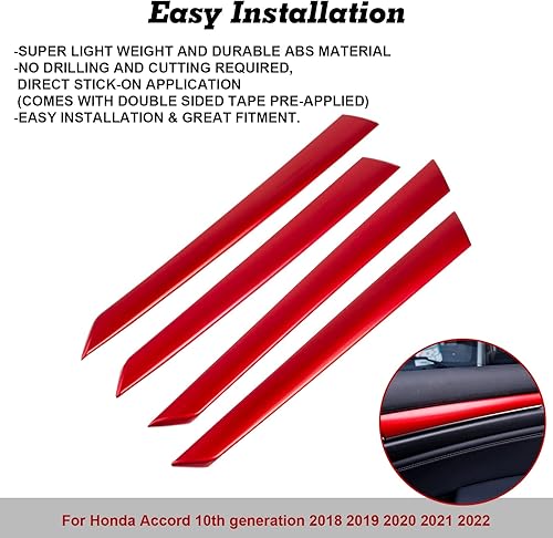 Miniatura 4 de x xotic tech Tira de Cubierta de Moldura del Panel de Puerta Lateral Interior, Rojo Deportivo, Compatible con Honda Accord Sedan 10 Generación