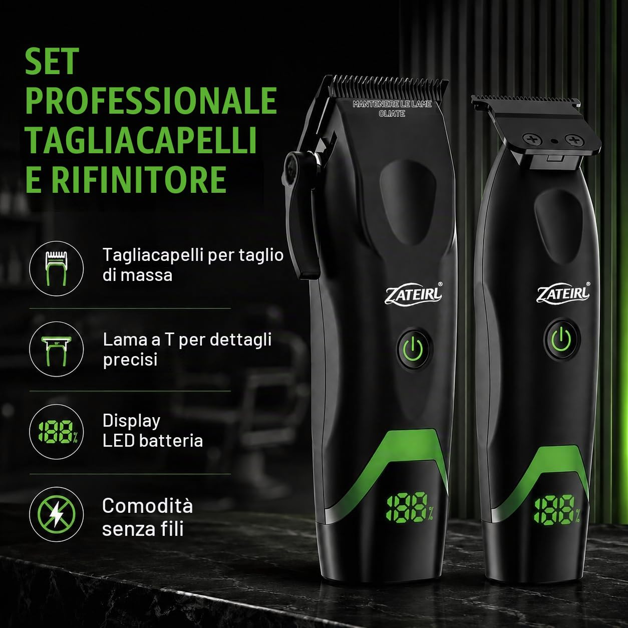 Tagliacapelli professionale da uomo, senza fili, con lame di precisione, ricarica USB, set di pettini guida, per uomini e donne, nero