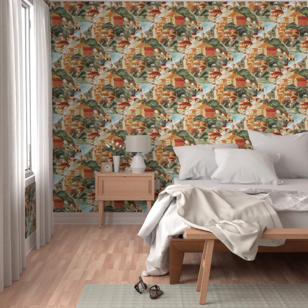 Peel & Stick Wallpaper 6ft x 2ft - Sunset Colorful Hand Drawn Landscape Italian Town Countryside Mountains Villa Large Scale Coastal Custom Removable Wallpaper by Spoonflower