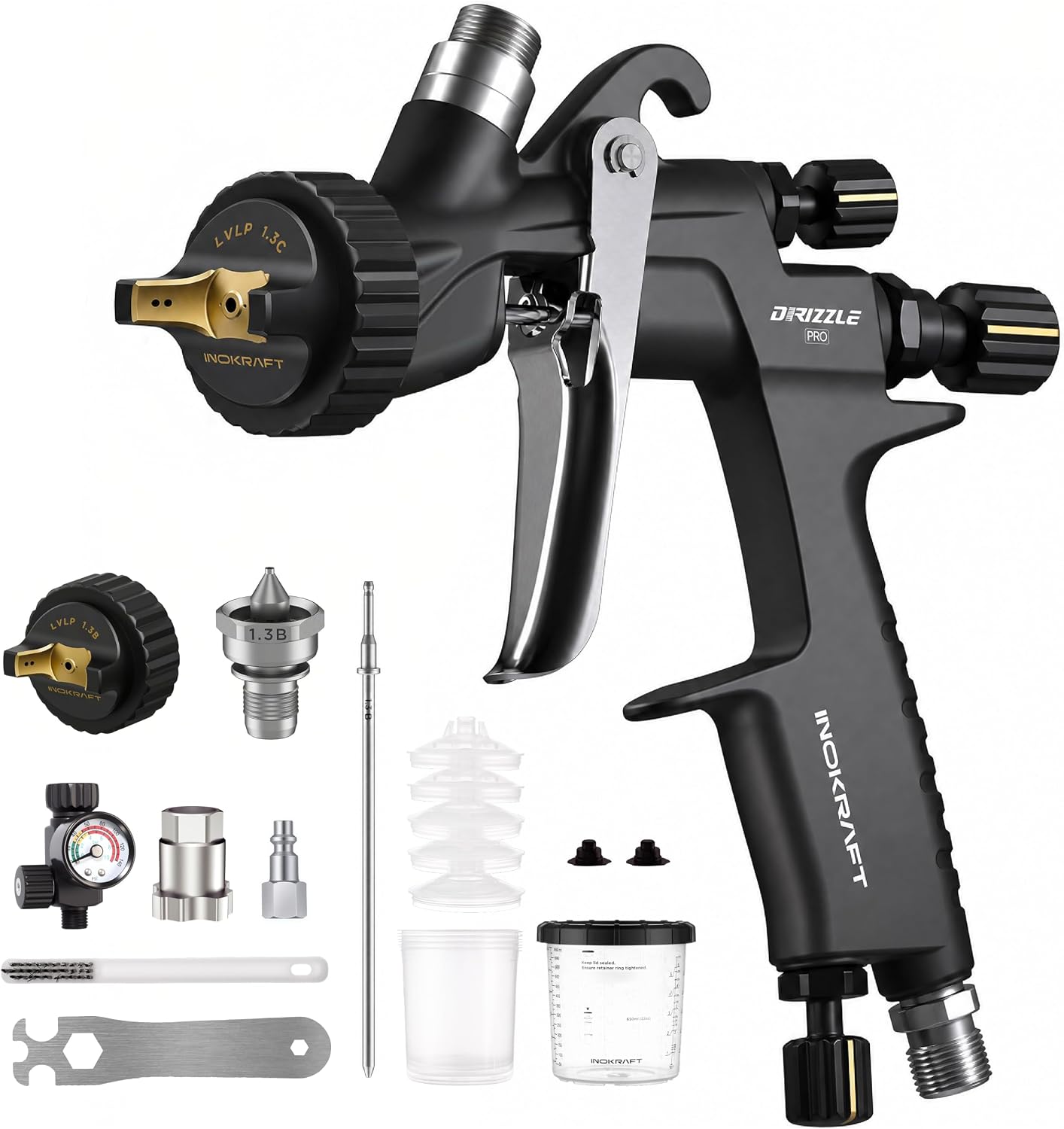 InoKraft Drizzle Pro LVLP Automotive Spray Gun Kit with 1.3B and 1.3C Nozzles for Basecoat and Clearcoat