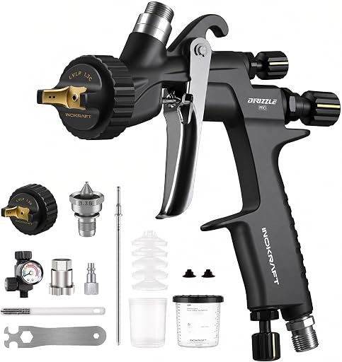 InoKraft Drizzle Pro LVLP Spray Gun, Precise Low-Overspray Performance with Ultra-Light 340g Design. Includes 1.3B/1.3C Nozzles and Accessories, Ideal for Automotive and Industrial Coatings
