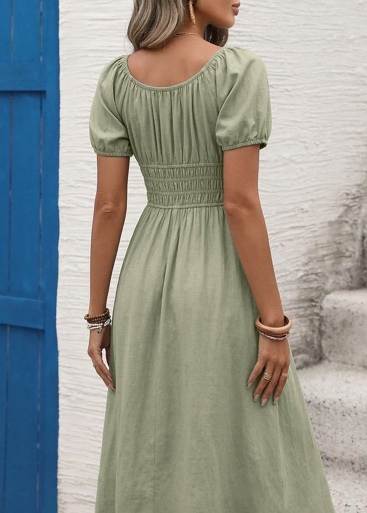 Vestito Maxi Donna, Scollo Quadrato, Maniche Sbuffo, Verde Salvia Estate