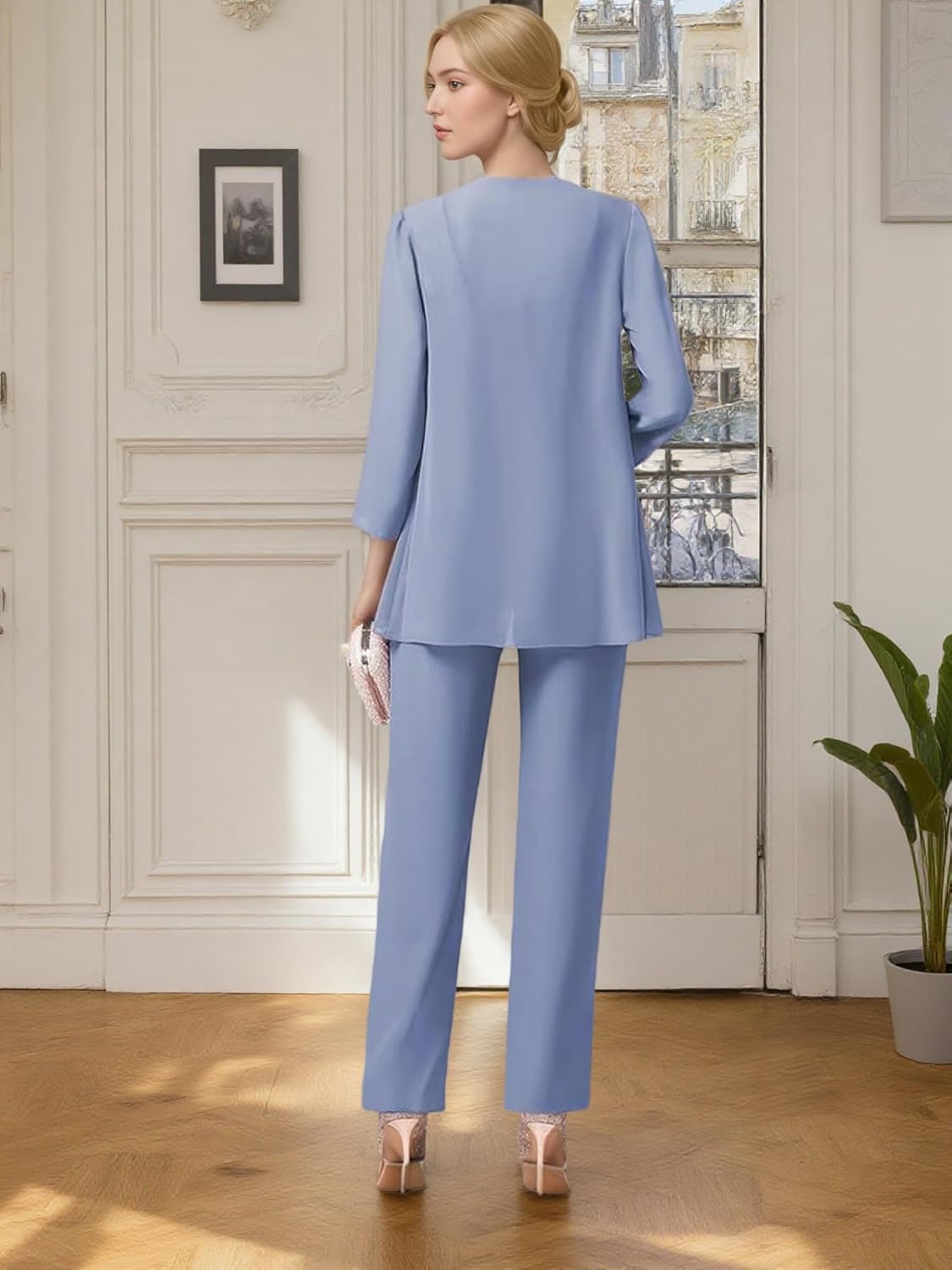 3 Piece Chiffon Mother of The Bride Pant Suits for Wedding Guest - Lace Formal Grandmother Pantsuit with Jacket