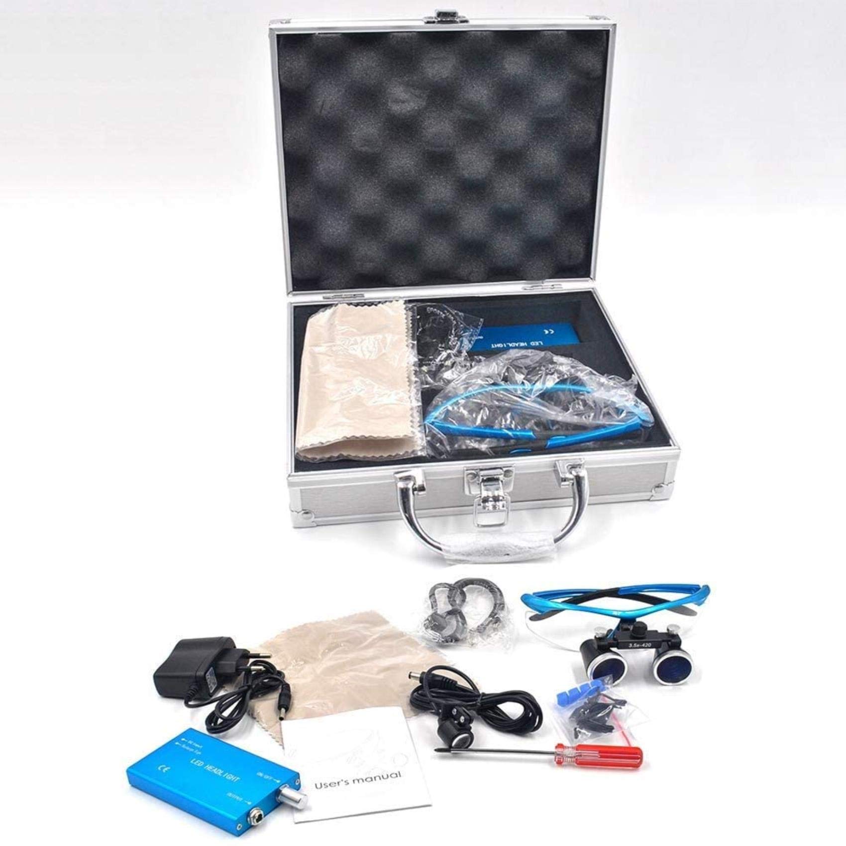 Loupes dentaires 3.5X Lunettes chirurgicales avec Lampe Frontale LED Dentiste Loupe binoculaire Bleu