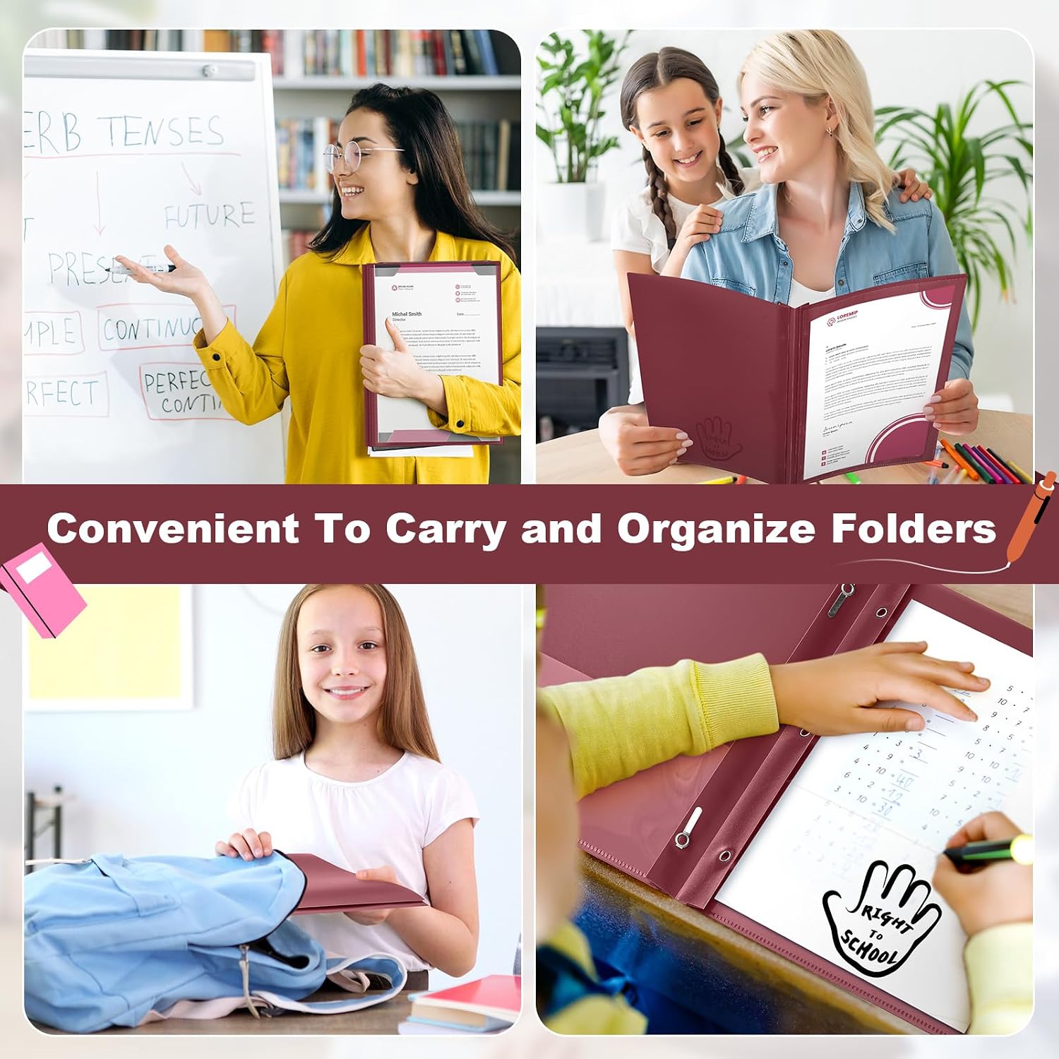 Henoyso 24 Pcs 2 Plastic Folders with Clear Front Pockets and Prongs School to Home File Organizer Plastic for Back to School Parent-Teacher Communication Homework Office (Burgundy)