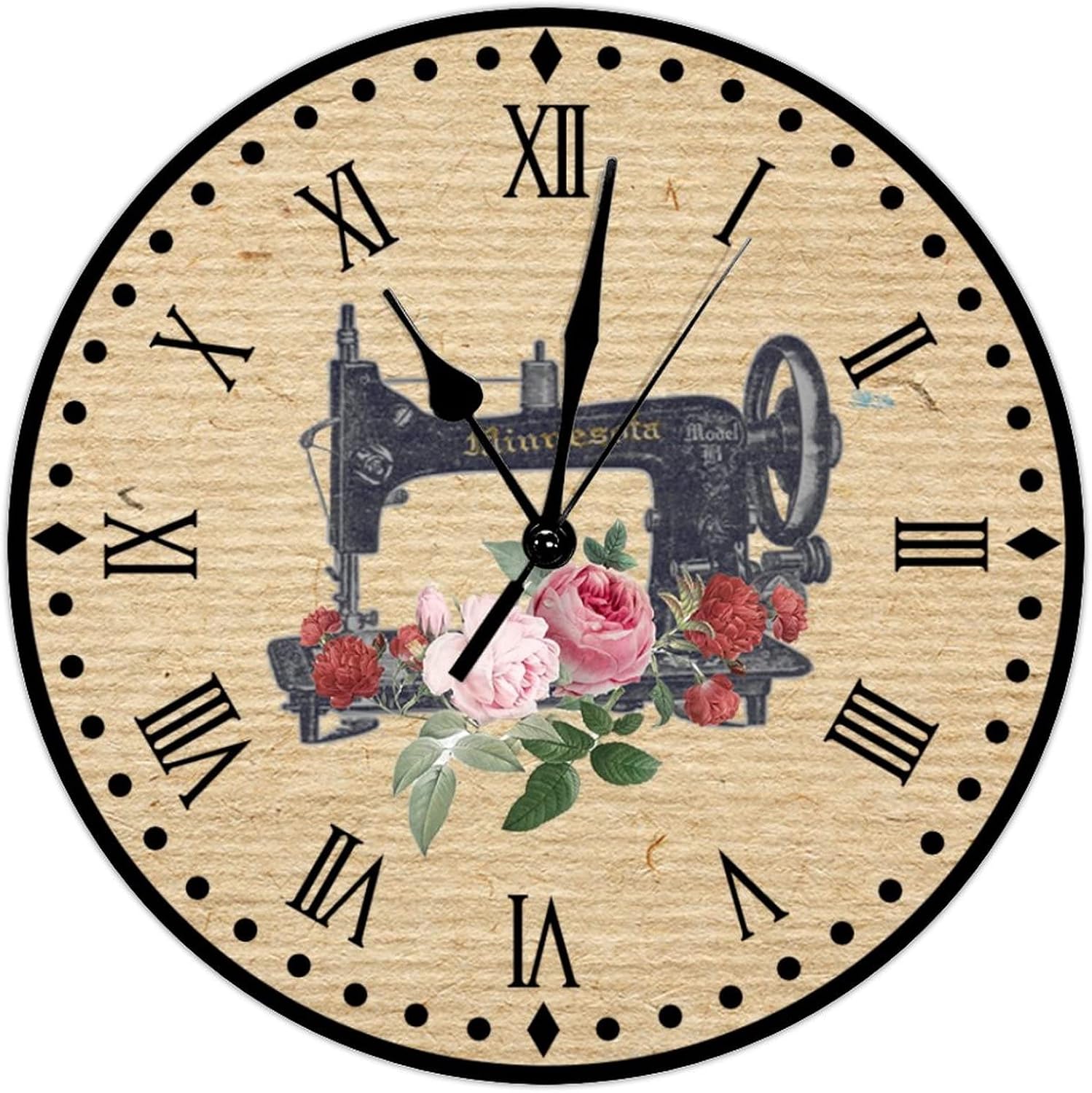 Flower Sewing Machine Wooden Wall Clock Quartz Battery Operated Silent Clocks Seamstress Sewing Machine Wall Clocks Craft Room Decor Clocks Vintage Retro 15inch Round Clock for Living Room