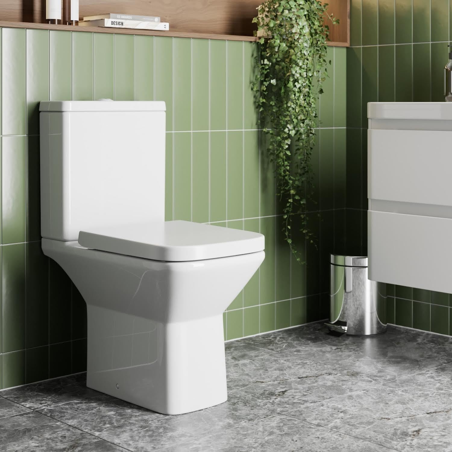 Affine® Brittany Modern Bathroom Cloakroom Close Coupled Rimless Toilet Short Projection WC Toilets Soft Close Seat Dual Flush Cistern Square Pan, White Gloss
