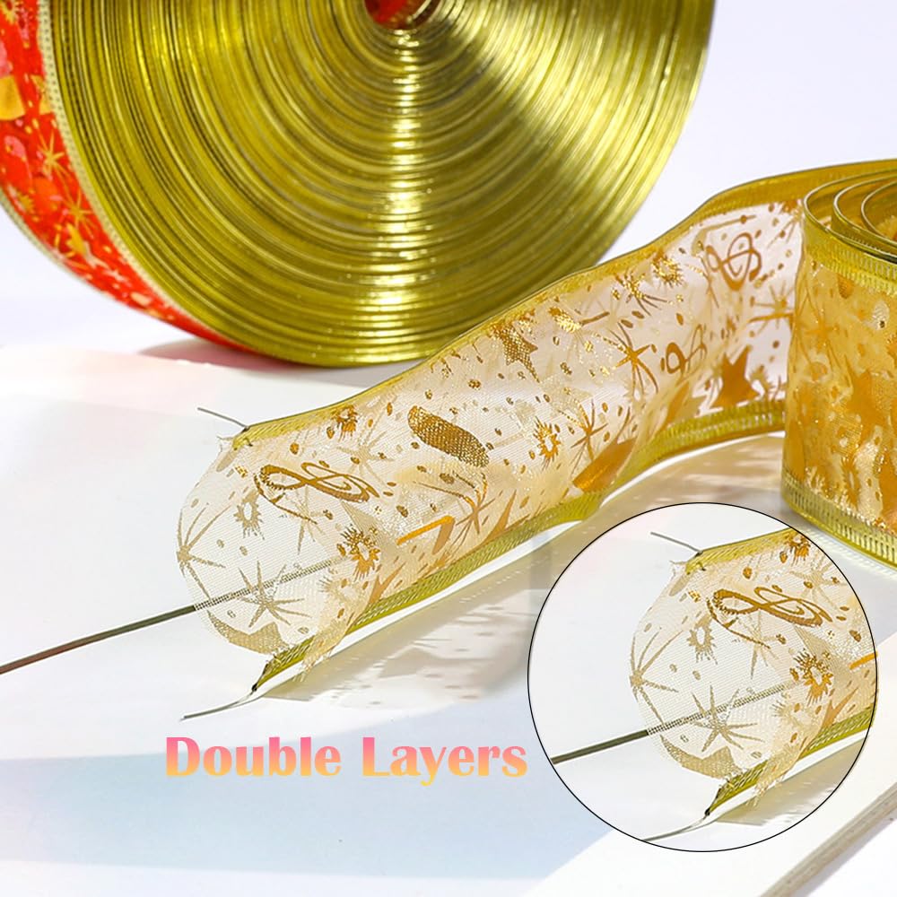 50 Yards Organzaband mit Draht Weihnachtsband 6.3CM Gold Schleifenband Geschenkband mit Sternen Musiknoten Organza Drahtband Glitzerband Weihnachtsbaum Dekoband für Party Hochzeit Kränze DIY