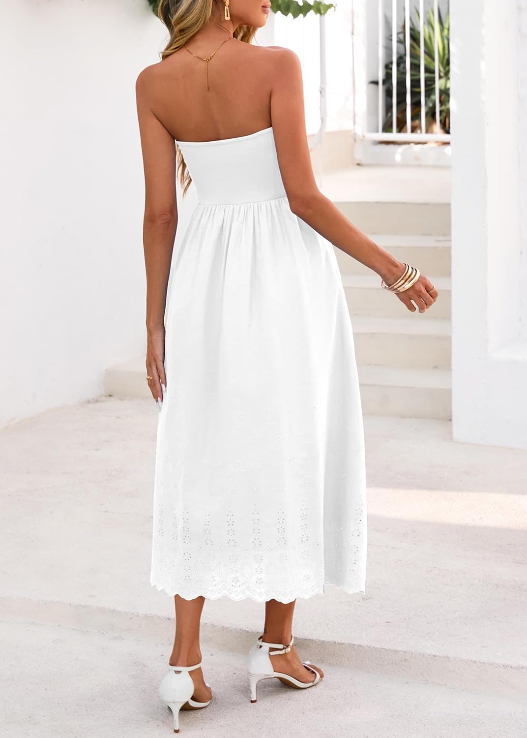 Lazysmile Summer Boho Maxi Dress for Women Strapless Tube Top Lace Trim A Line Beach Casual Long Dress - Image 2
