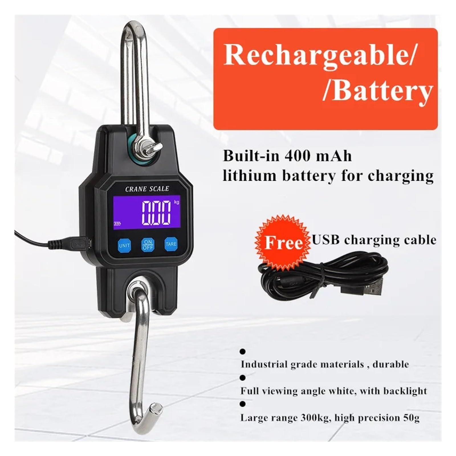 Báscula de grúa digital industrial Báscula de gancho industrial portátil recargable con Bluetooth de 300 kg/50 g, de acero inoxidable, con USB 4.0 BT Para granjas, ganado, fábricas y construcción(Blac