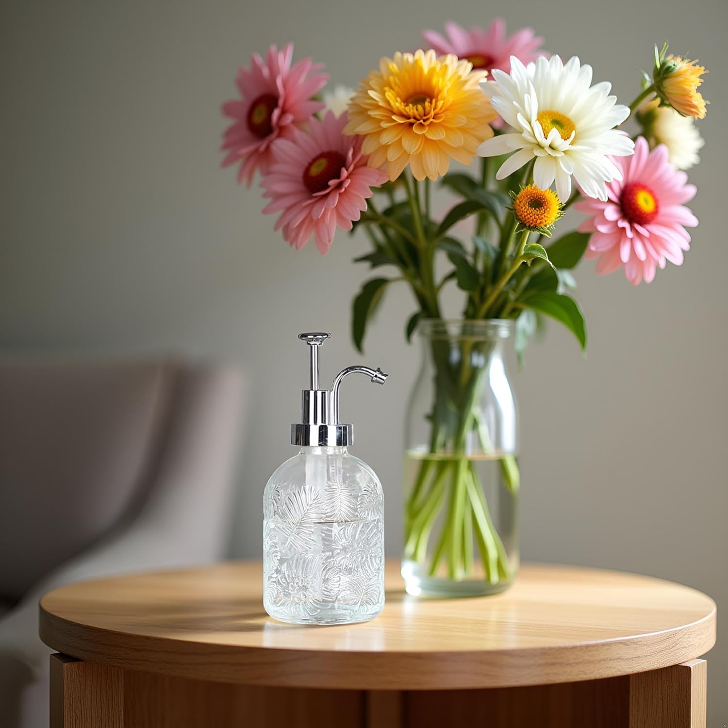 Glass Pump Soap Dispenser, 350ML Kitchen Hand Soap Dispenser Sour Cream Dispenser Rustproof Pump Dispenser for Kitchen Bathroom ((Maple Leaf Pattern on Silver Nozzle) - Image 3