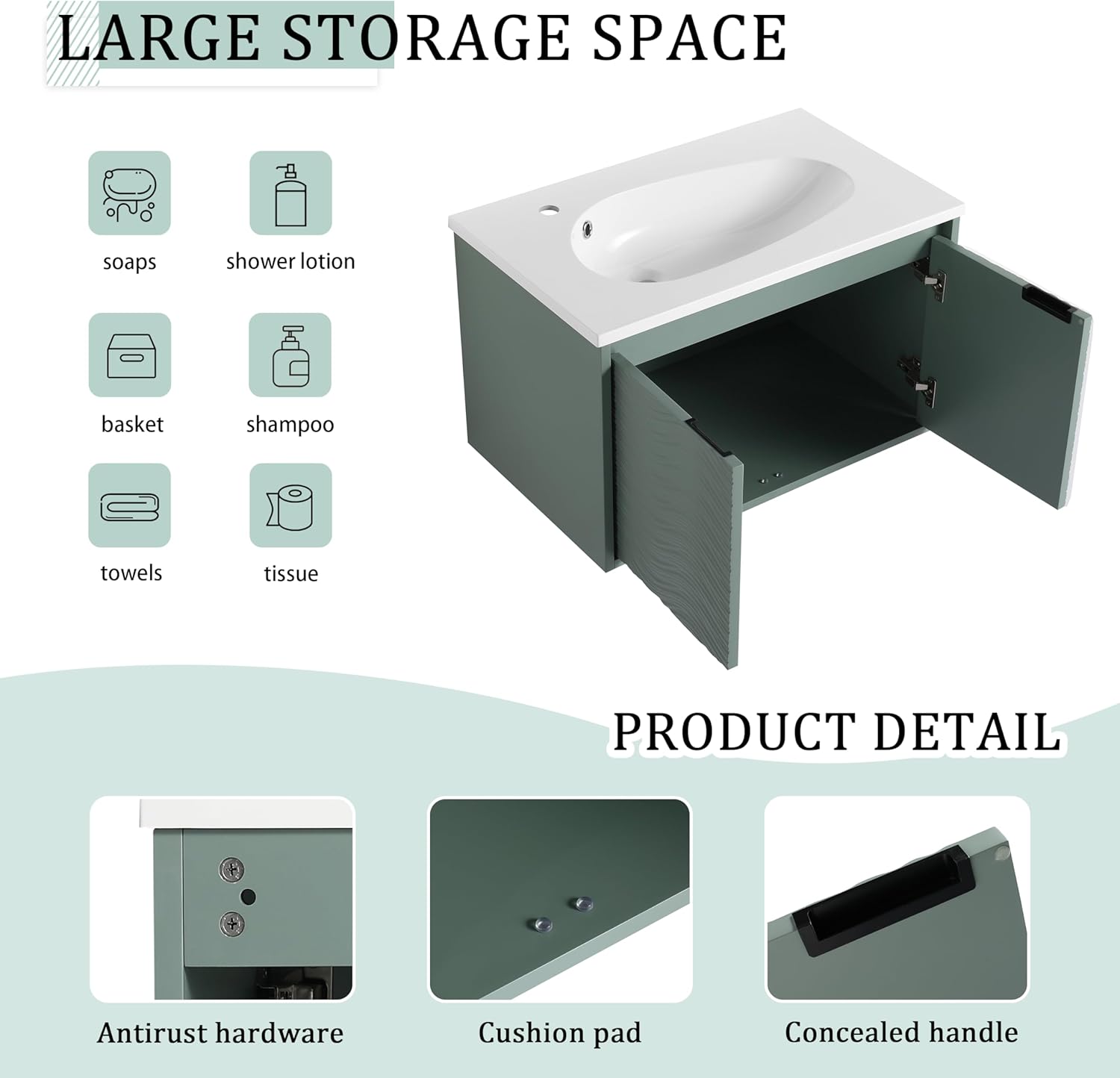 Modern 30" Wall Mounted Bathroom Vanity with Sink Combo Floating Bathroom Vanity Cabinet with Green-Wave Soft Close Doors Wood Bath Vanities w/Drop-Shape Resin Sink for Small Space