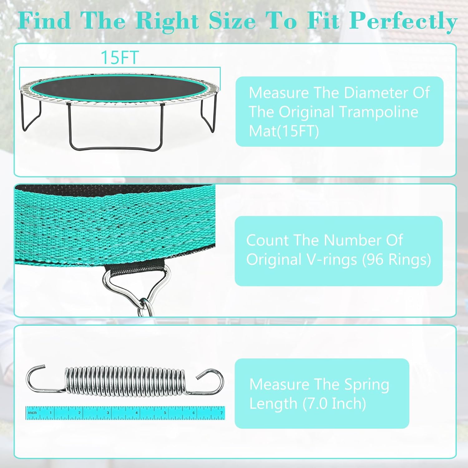 Trampoline Replacement Mat – Fit 15 Ft Frame with 96 V-Hooks Using 6.5-7.0" Springs, UV-Resistant, with Install Tool (Spring not Included)