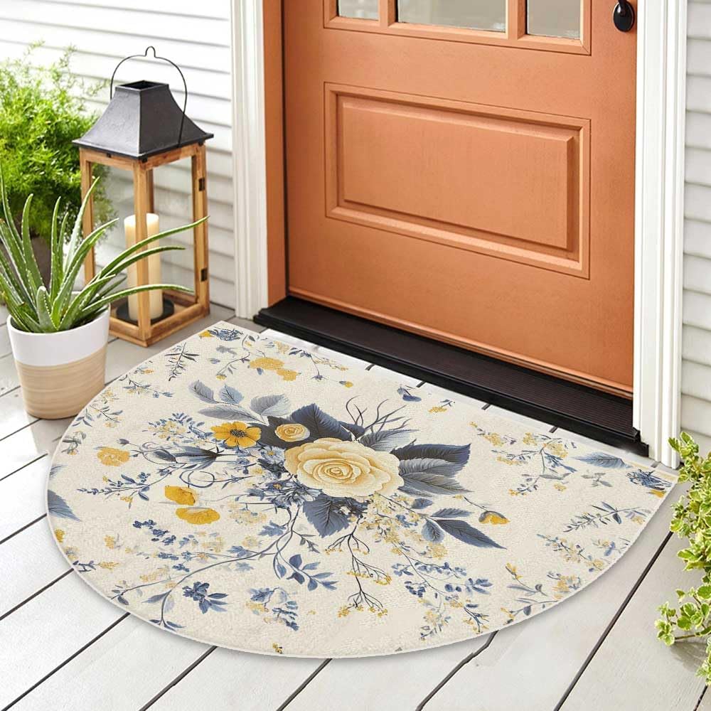 TOMWISH Half Round Door Mat Rug 24X36 Washable Indoor Outdoor Flower Half Circle Rug Absorbent Half Moon Rug for Bedroom Living Room Kitchen Bathroom Launday Fireplace Garage Patio Area Rug