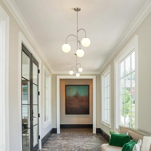 Miniatura 7 de Flyrose Candelabro moderno de 3 luces de cristal de leche de mediados de siglo, lámpara colgante de níquel cepillado, bola de globo grande, lámpara