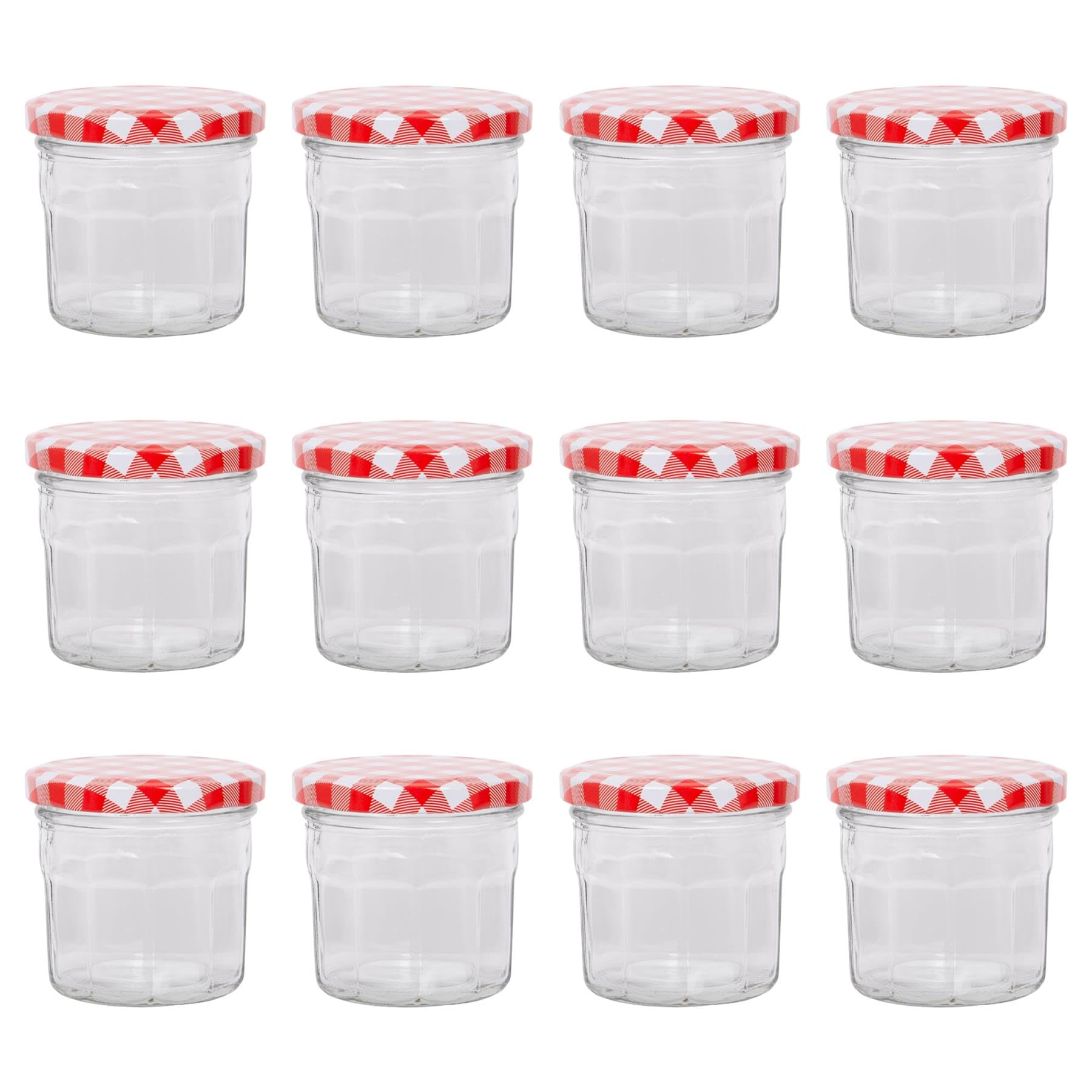 Argon Tableware Red Gingham Lid Glass Jam Jars With Airtight S - 130Ml - Pack Of 12 - Empty Screw Top Kitchen Storage Jar For Food, Honey, Spice, Pickling, Preserving, Candle Making