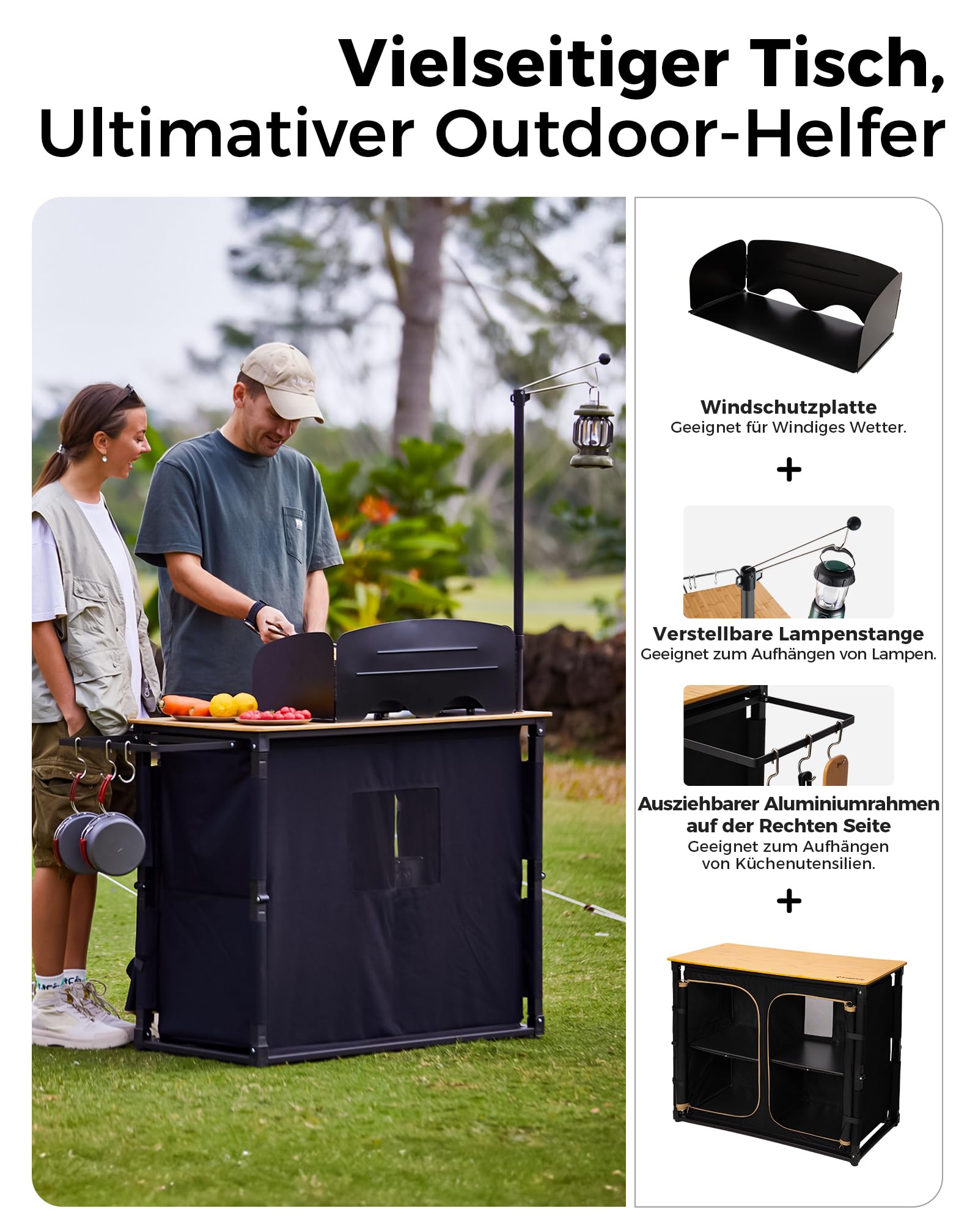 KingCamp Campingküche faltbar mit Bambus Campingschrank & Edelstahl Camping Kochgeschirr, Outdoor Küche mit Stauraum, Windschutz, Lampenhalter & Kochset für 3 Personen, ideal für Camping, BBQ&Picknick