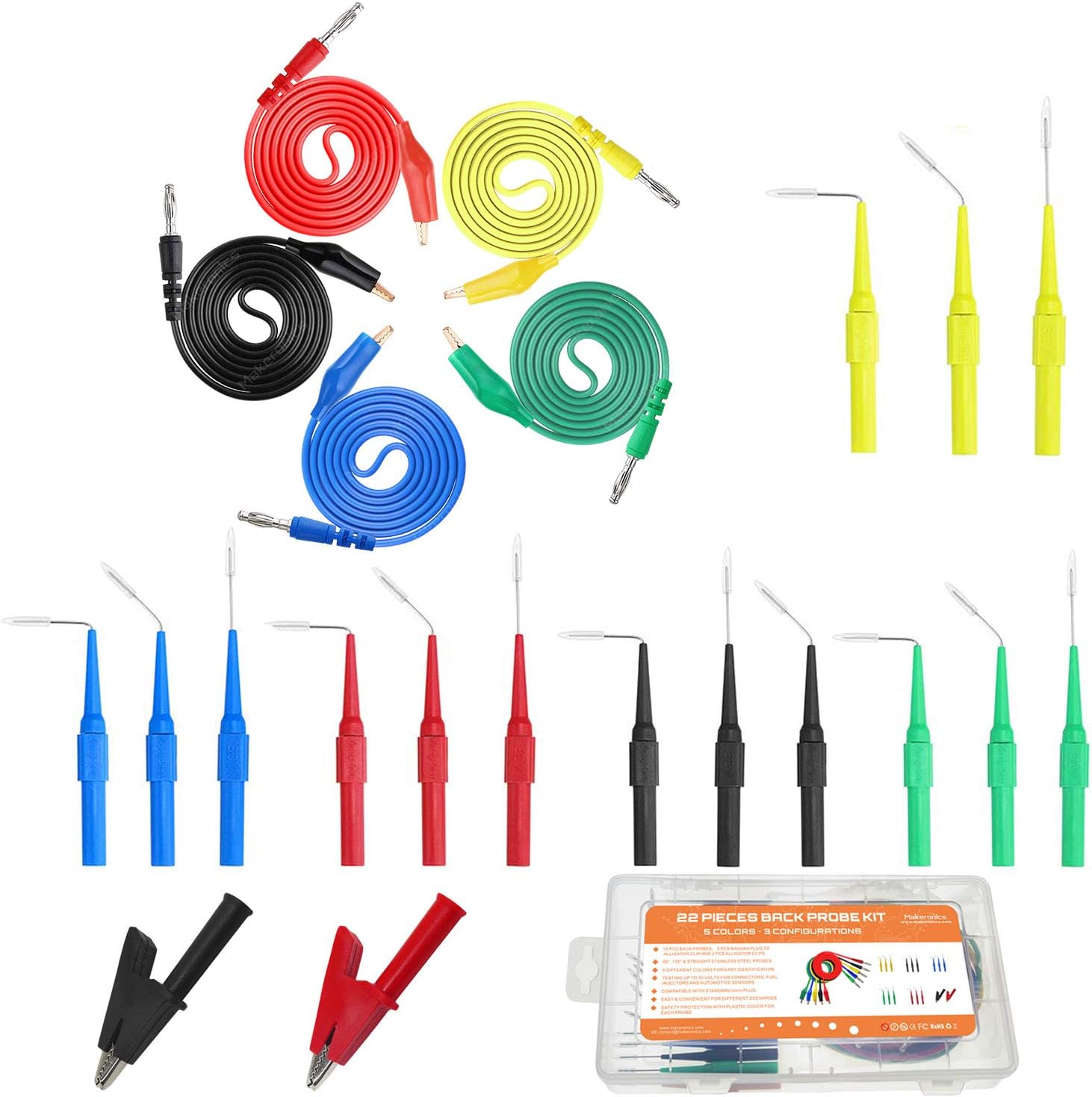 Makeronics 22PCS Back Probe Kit |15 Pcs 30V Back Probe Pin | 5 Pcs 4mm Banana Plug to Alligator Clip Circuit Test Wires (39.37 inch / 1m Length) | 2 PCS Alligator Clips