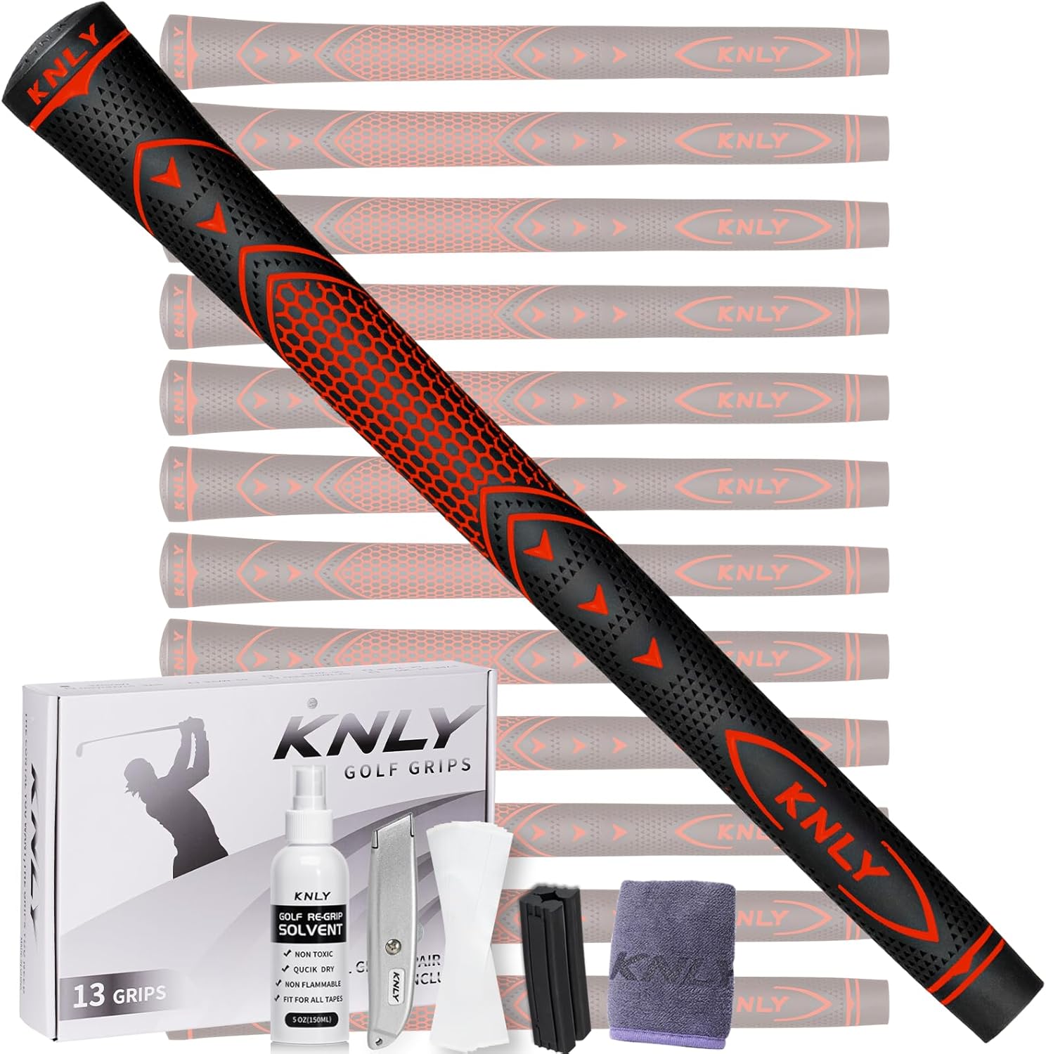 KNLY Golf Grips 13-Pack High-Performance | All-Weather Anti-Slip Rubber for High Traction & High Feedback Golf Club Grips | Includes 15 Tapes or Complete Repair Kit.