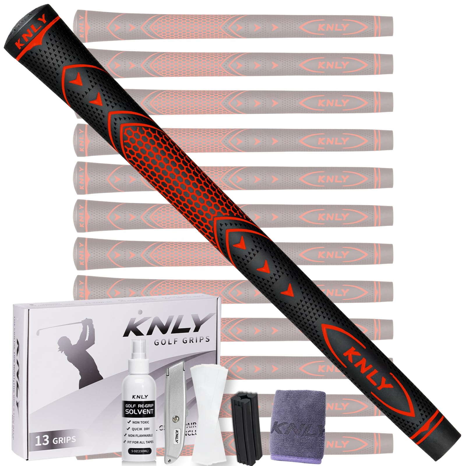 KNLY Golf Grips Set of 13 - High Traction and High Feedback Rubber Golf Club Grips with Anti-Slip and All Weather Performance，13 Grips with 15 Tapes