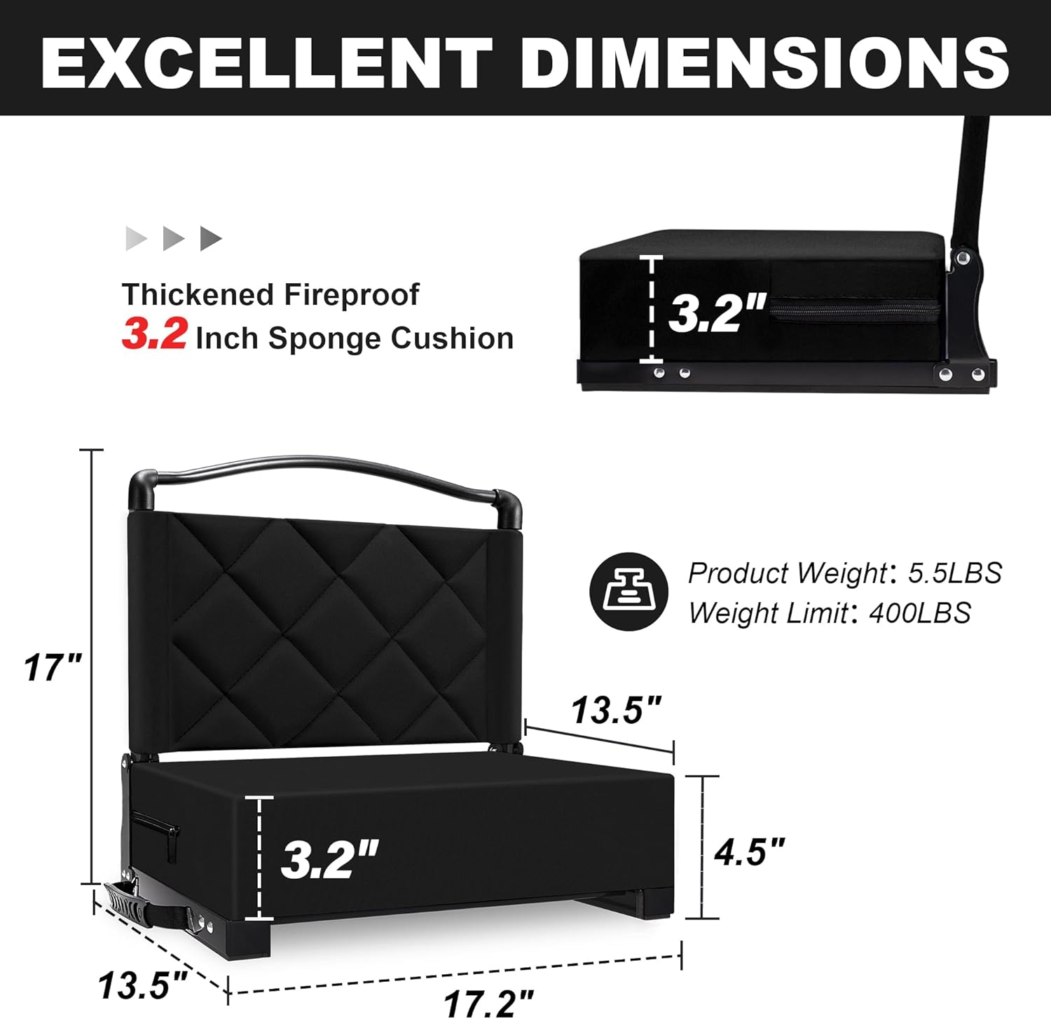 Stadium Seats with Back Support Cushion, Folding Stadium Seats for Bleachers Hold up 400lbs, Wide Bleacher Seat with Shoulder Strap & Handle Comfort for Sports Events (Black, 1pcs)