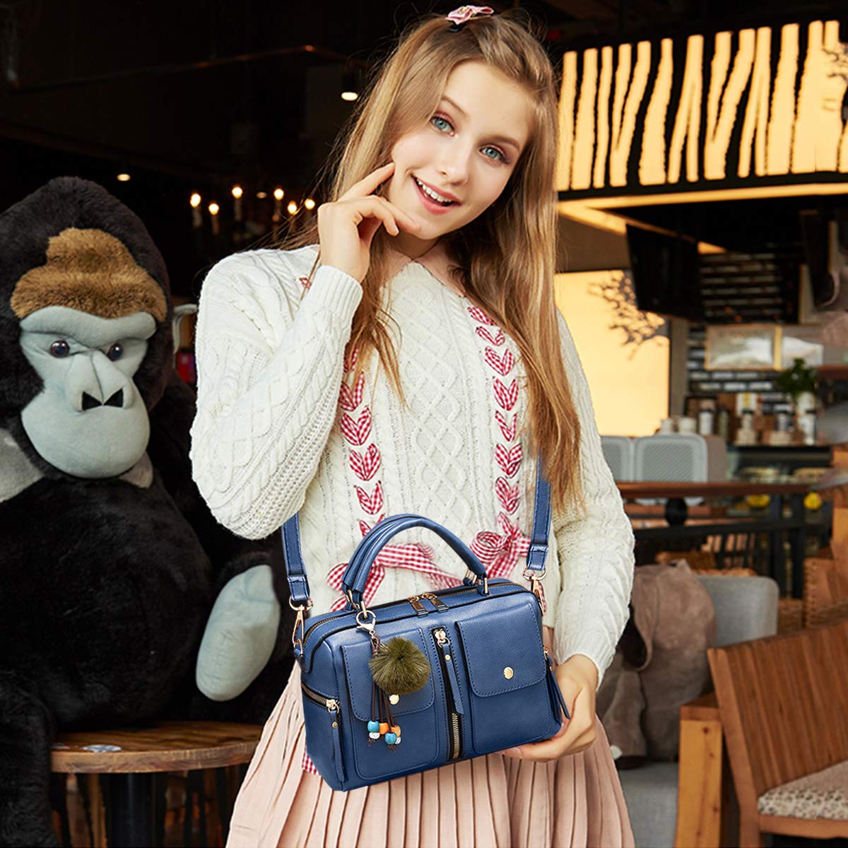 NICOLE & DORIS Bolsos de Mujer Bolso Pompón Estilo Bolso de Hombro con Cremallera Bolsillos Bandolera para Mujer Bolso Cuadrado Pequeño de Cuero PU Trabajo Diario Elegante Moda
