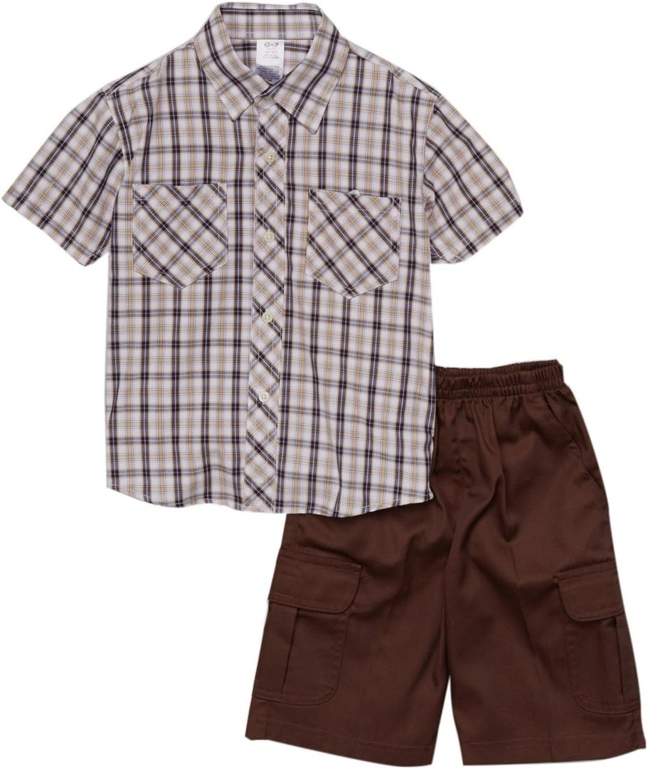 ToBeInStyle Boys’ 2-Piece Plaid Button-Down Shirt & Denim or Cargo Bottoms Outfit Set – Long or Short Sleeve