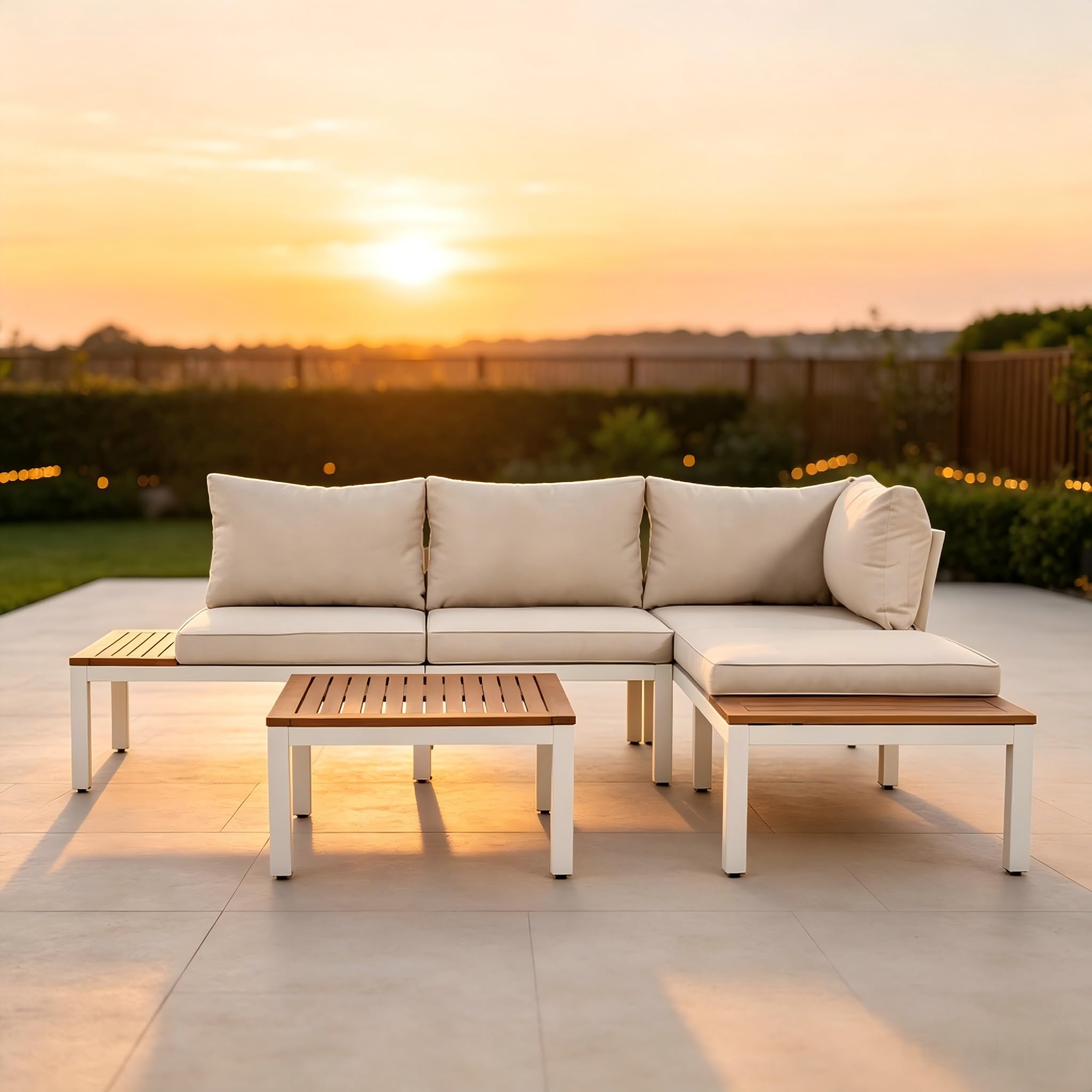 Set da giardino resistente alle intemperie con telaio in acciaio zincato (2 divani a 2 posti, 2 tavolini e 1 tavolino), piano in legno di acacia, il rivestimento in tessuto può coprire
