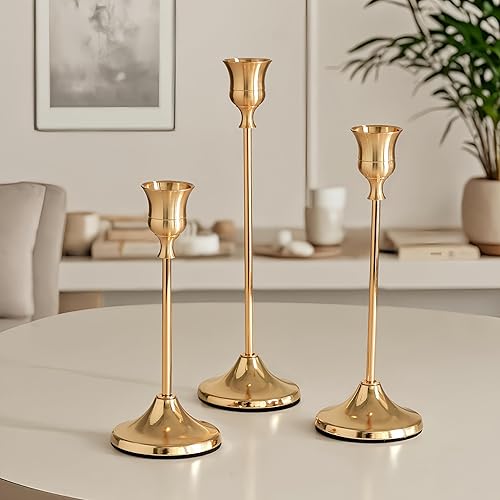Miniatura 5 de Juego de 3 portavelas cónicos para centros de mesa, bodas, decoración del hogar (oro rosa)