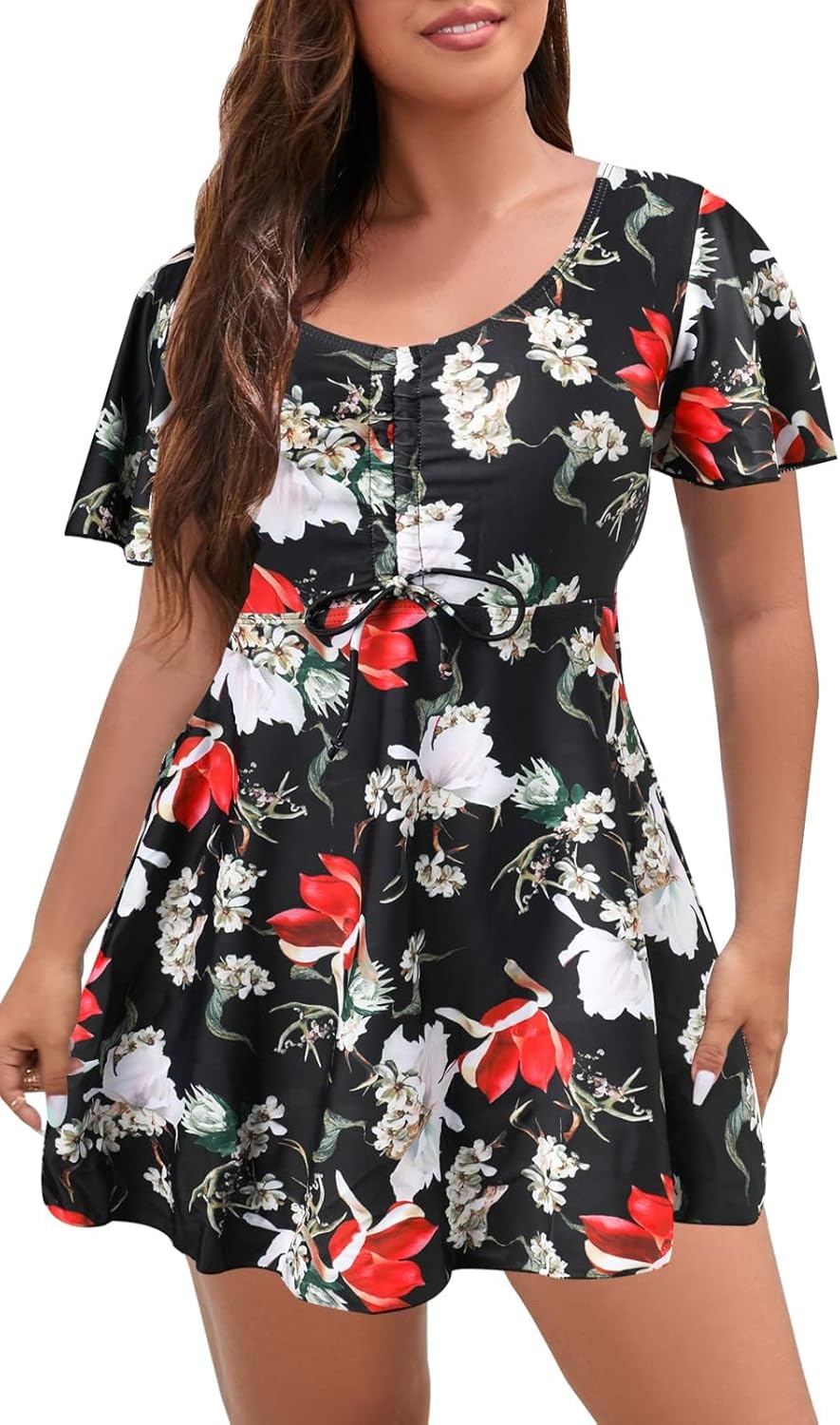 ECUPPER Womens One Piece Swimsuit with Sleeves Plus Size Swim Dress Modest Tummy Control Skirt Bathing Suit Built in Shorts