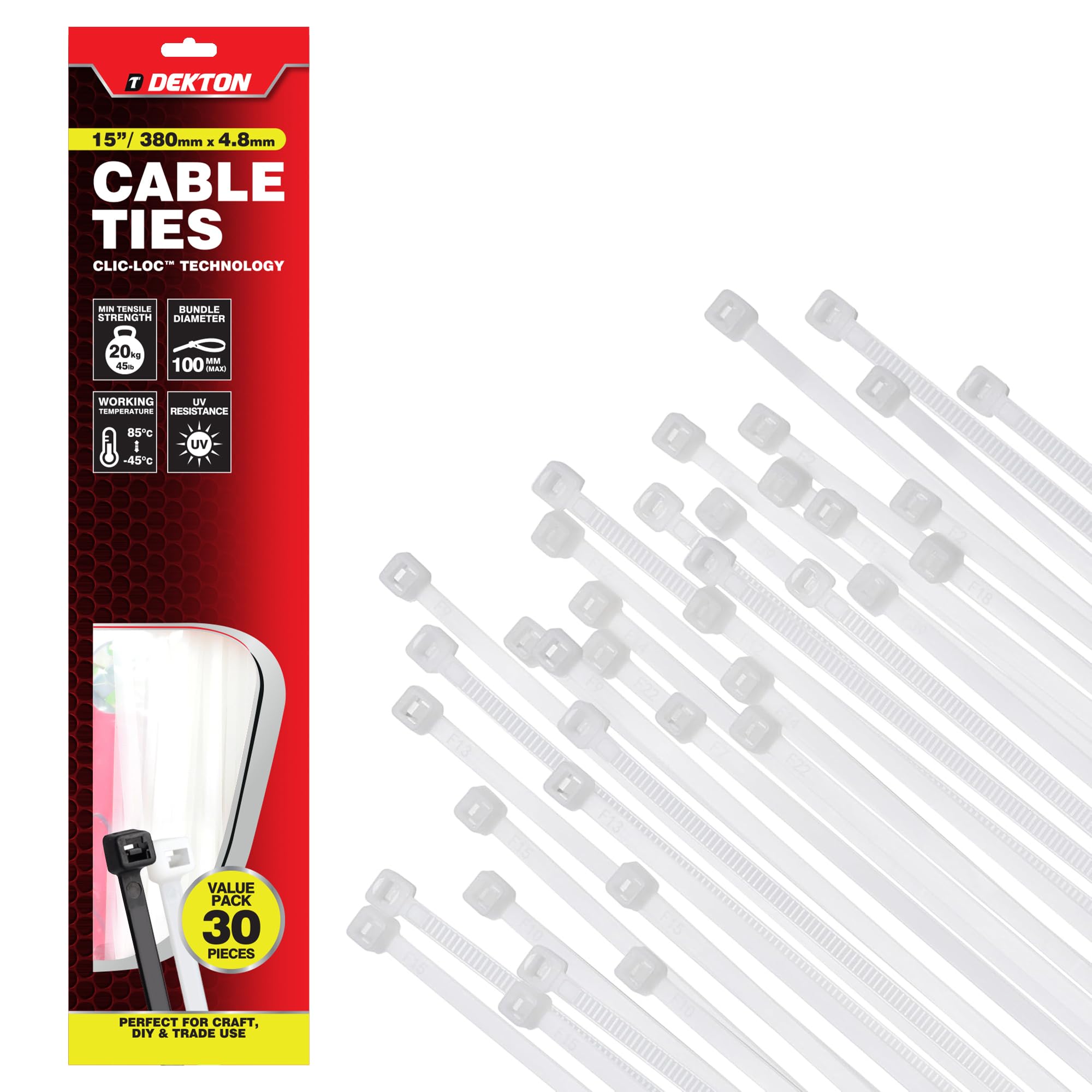 Dekton 30PC Cable Tie Set - 4.8MM X 380MM White | Heavy Duty Industrial Strength | High Temperature Resistant | Self-Locking Teeth | Ideal for Cables, Piping, Gardening & Wires | Indoor & Outdoor Use