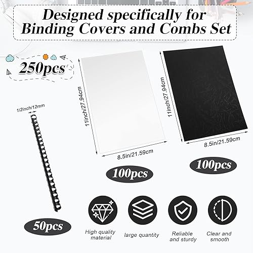 Miniatura 2 de Juego de 250 tapas de encuadernación y peines, papel de encuadernación de 8.5 x 11 pulgadas, 50 peines de encuadernación negros, 100 piezas de 13