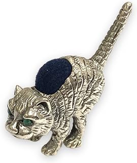 Victorian Style Collectable Crouching Cat with Emerald Eyes Pin Cushion 925 Sterling Silver Sewing Needle