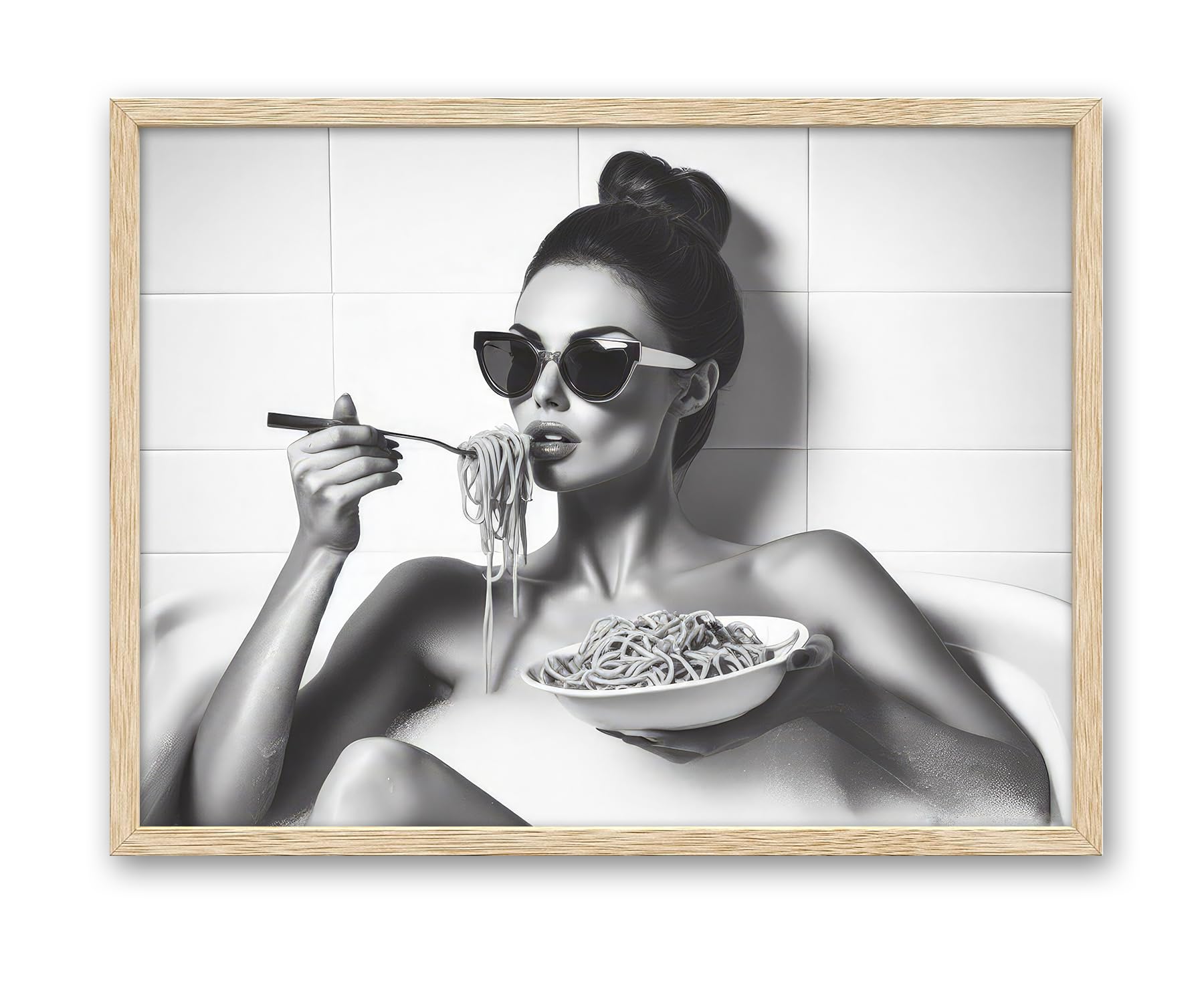 iHery Natural OAK Wood Framed Woman Eating Spaghetti in Bathtub Wall Art, 12x16in Beige Frame Woman Eating Pasta Canvas Print, Black and White Bathroom Poster, Retro Decor Set of 1