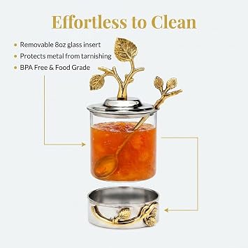 Godinger Elegant Leaf Jam & Honey Jar with Spoon Stylish Stainless Steel & Glass Dish For Condiments, Sugar & Spreads Decorative Serveware for Breakfast, Tea, Entertaining & Housewarming Gifts