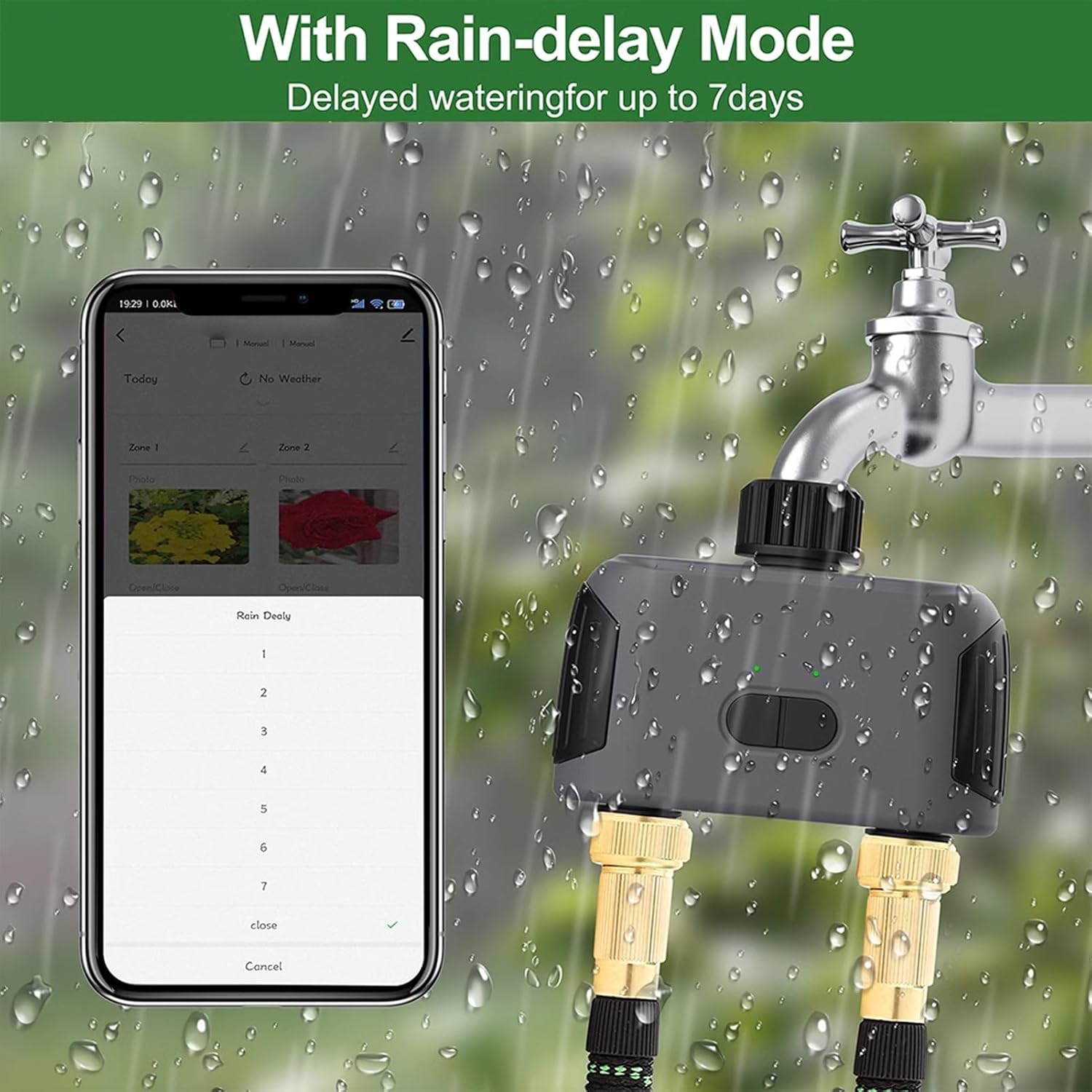 Bluetooth Irrigation Timer, 2 Outlets Smart Water Valve Controller with Adjustable Watering Program and Weather Delay, for Drip and Sprinkler Irrigation Systems