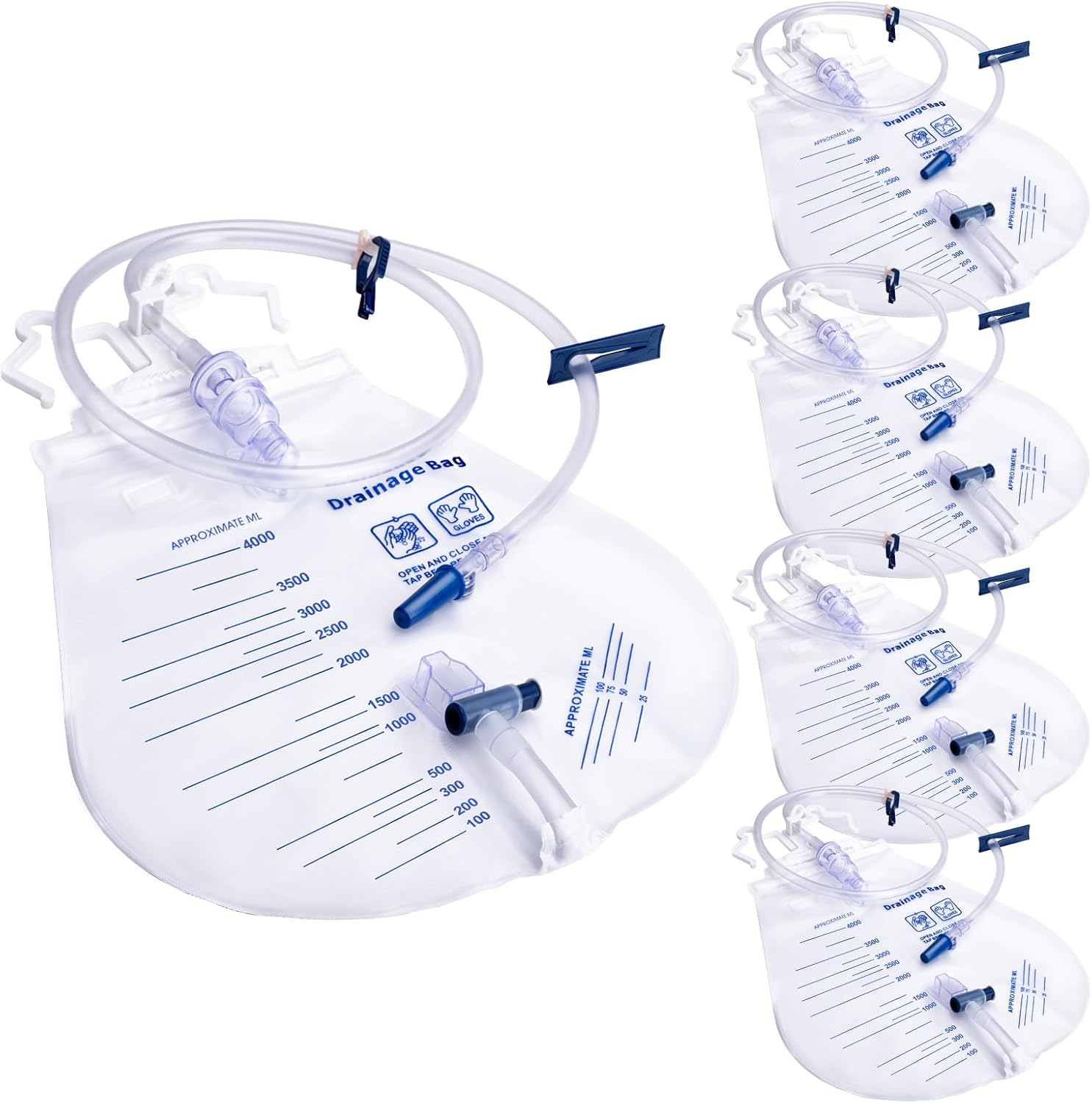 5 Pack 4000ml Sterile Urinary Drainage Bag, Catheter Bags with Anti-Reflux Chamber and 48″ Drainage Tube,Professional Men Women Overnight Bedside Urine Bag