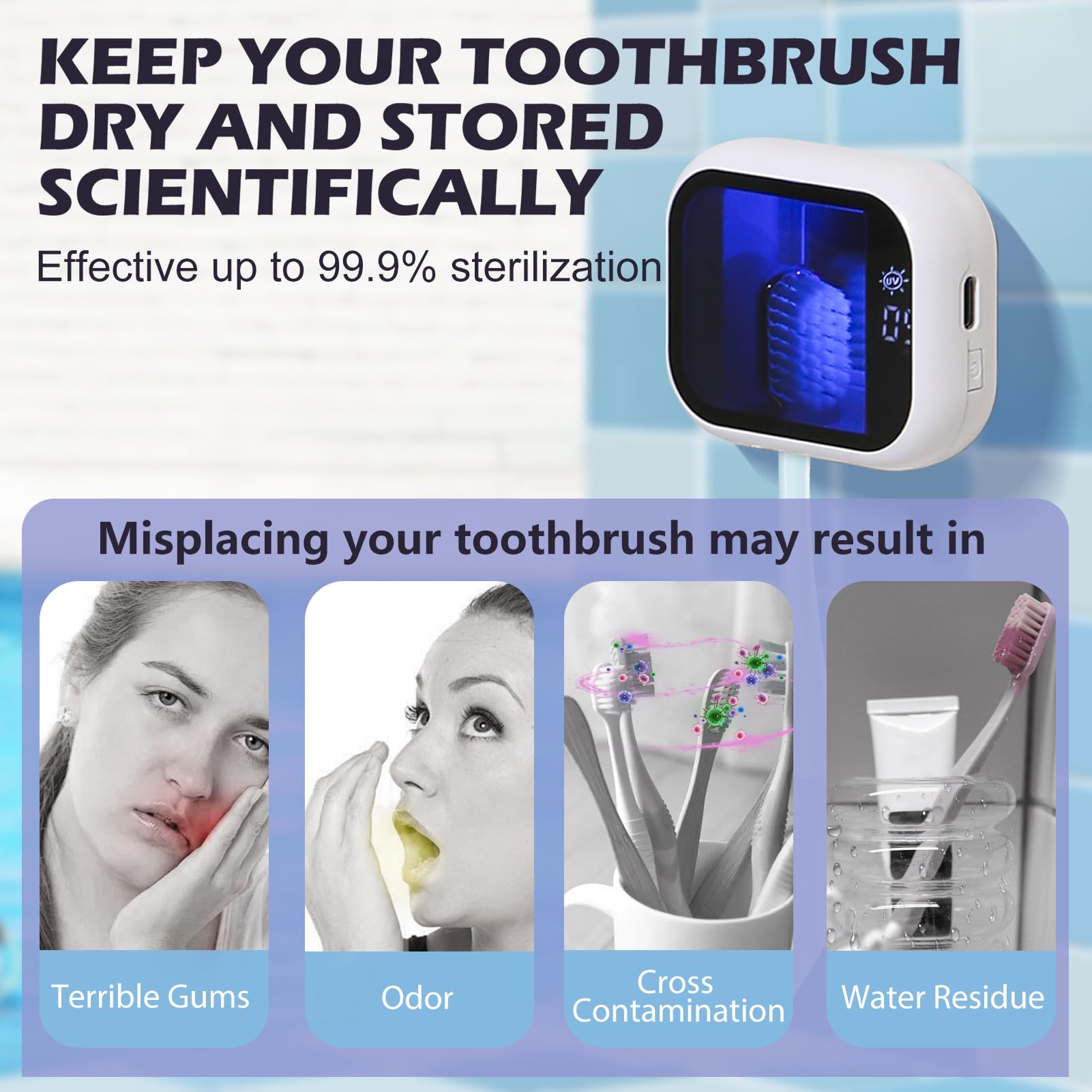 Limpiador de cepillos de dientes UV-C, funda de viaje portátil para cepillo de dientes manual/eléctrico, soporte magnético y funda recargable para cepillo de dientes de cualquier tamaño