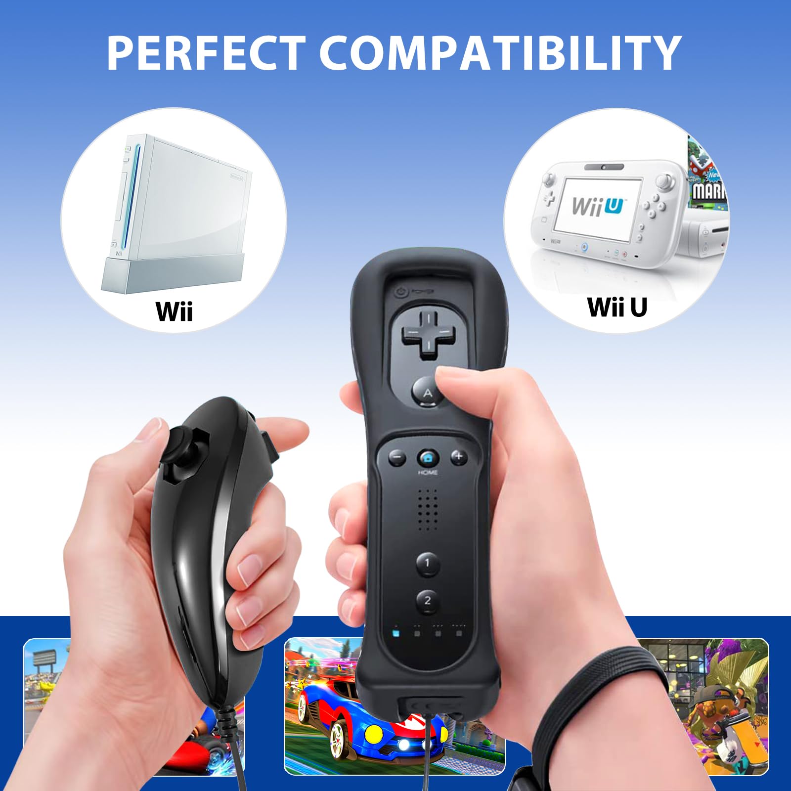GOUYESHO Nue Télécommande de remplacement pour Wii/Wii U Controller with Nunchuck avec Motion Plus, remplacement pour console Wii/Wii U, 2 Pack(Noir et Blanc)