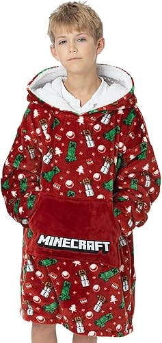 Miniatura 7 de Minecraft Manta de Navidad Vuddie de gran tamaño con capucha para niños y niñas, forro polar rojo, Rojo -