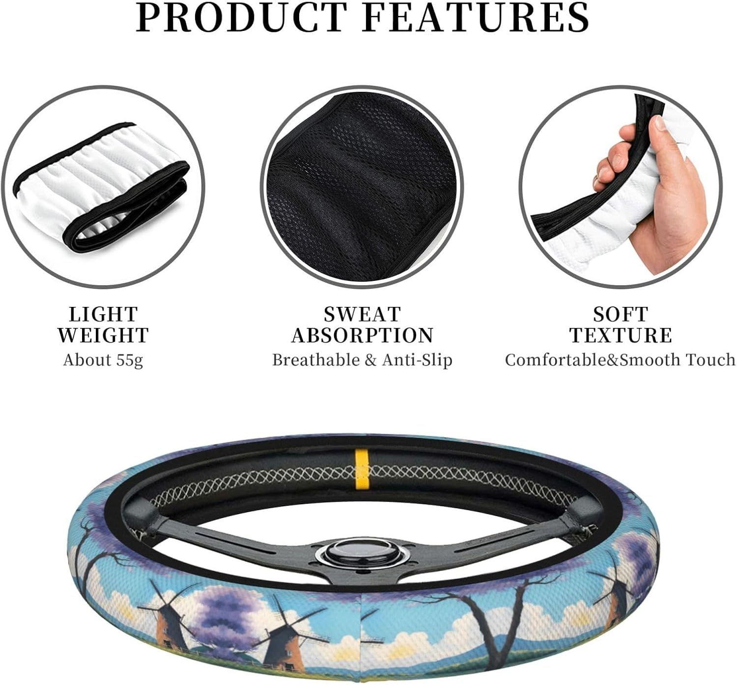Beautiful River Windmill Universal Steering Wheel Cover for Cars, Steering Wheel Protective Cover, Double-Layer Thickened Steering Wheel Cover (15 inches in Diameter),